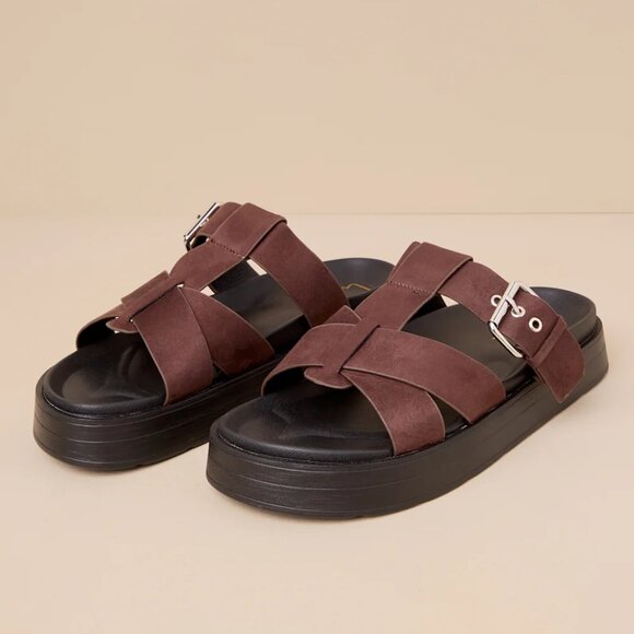 Lulus Surie Chocolate Brown Suede Strappy Flatform Slide Sandals/NIB/Size 8 - Picture 4 of 15